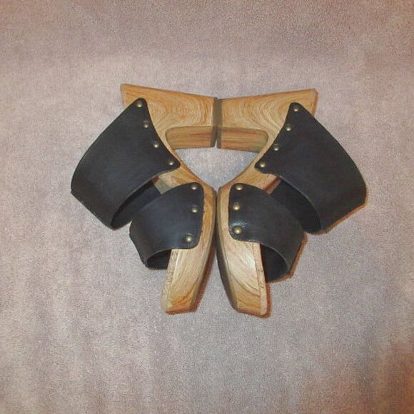 Kork-Ease Darra Sandals Size 9 Black Leather Wood Heel Cork Studs Platform Foam - Picture 8 of 11